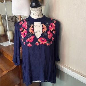 Blue Rain Embellished Cut Out Blouse in Blue and Pink NWT